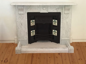 Victorian fully restored antique lintel fireplace with corbels and drops made of Italian White Carrara