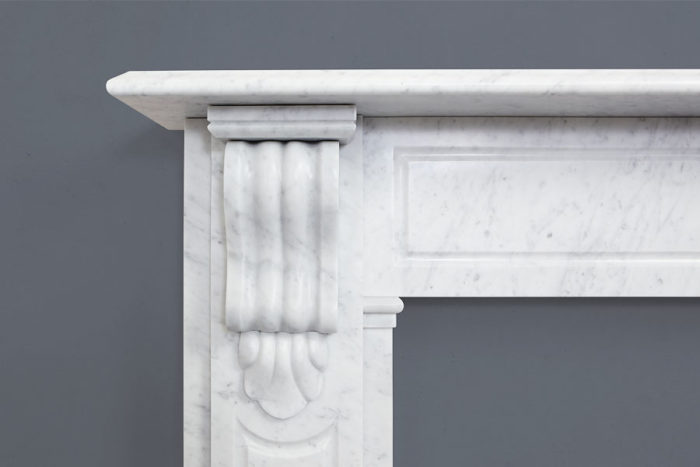 Victorian style lintel fireplace made of Italian white Carrara marble